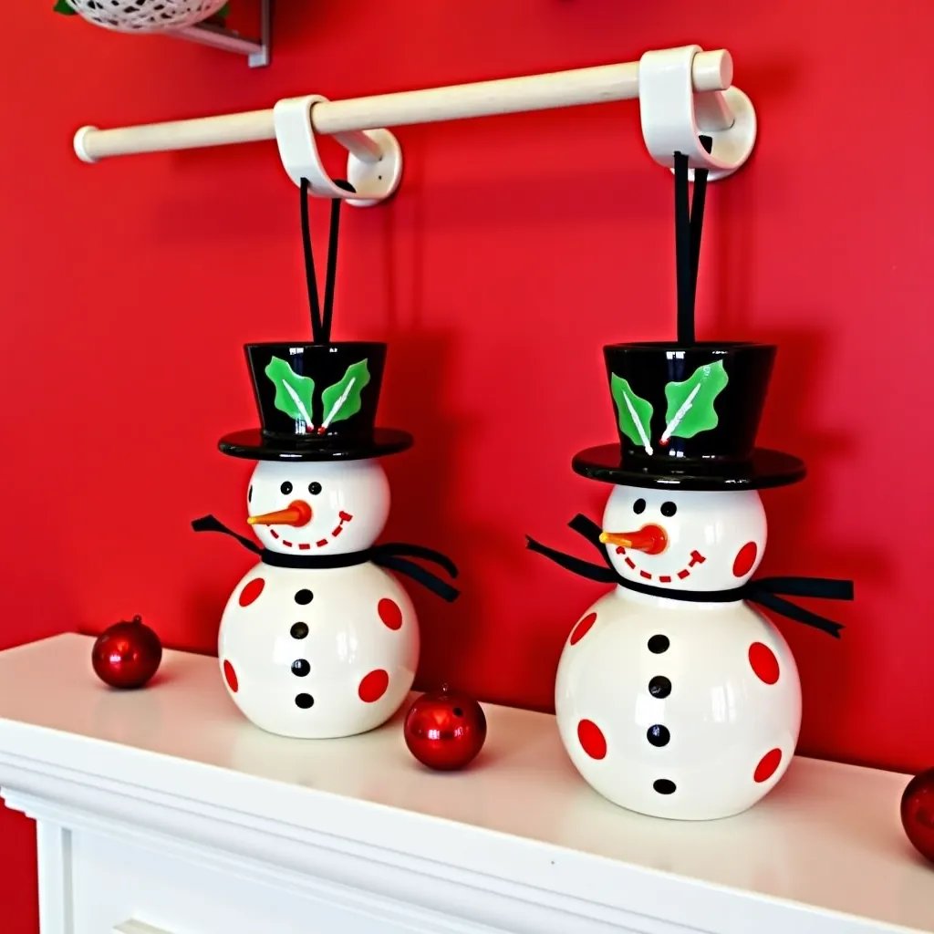 The image shows two snowmen hanging on a white shelf against a red wall. The snowmen are made of ceramic and are decorated with red and white polka dots. They are wearing top hats with green leaves on them and black ribbons tied around their necks. There are also red baubles scattered around the shelf, adding a festive touch to the scene. The overall color scheme of the image is red, white, and black.