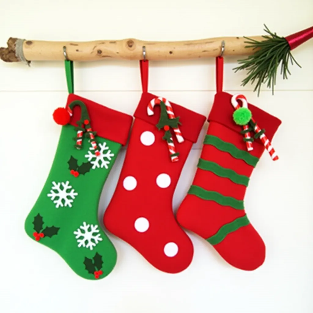 The image shows three Christmas stockings hanging on a wooden hanger. The stockings are red with white polka dots and green accents. They are decorated with red and green pom-poms and candy canes. The stocking on the left is green with white snowflakes and holly leaves, while the one in the middle is red with a green and white striped pattern. The hanger is attached to a wooden branch with a red ribbon. There is also a small sprig of greenery hanging from the branch. The background is a white wall.