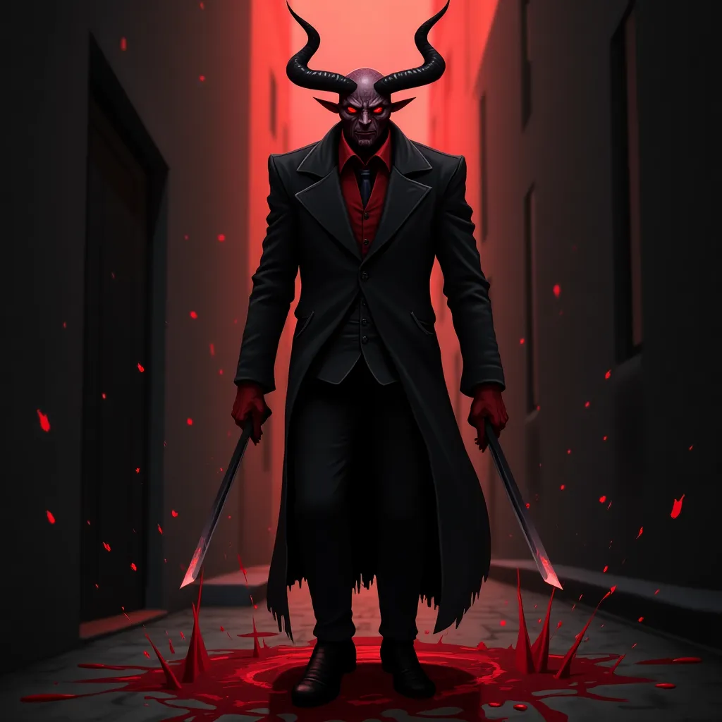 The image is a digital illustration of a demon-like figure standing in a dark alleyway. The figure is wearing a black suit with red accents and has two large horns on either side of its head. The horns are pointed and have sharp edges, giving the figure a menacing appearance. The suit has a high collar and long sleeves, and the figure is holding two swords in their hands. The background is filled with red splatters of blood, creating a dramatic and ominous atmosphere. The overall mood of the image is dark and ominous.