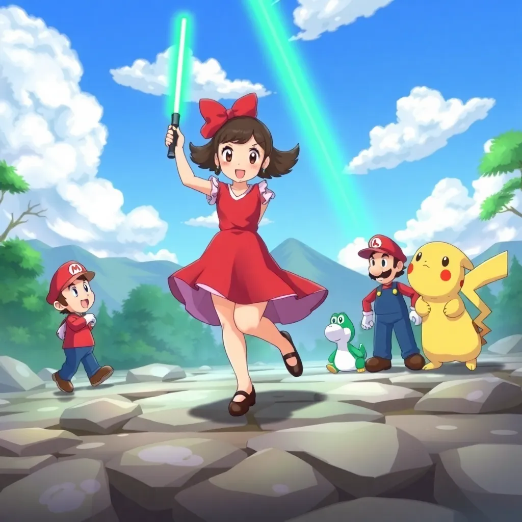 The image is a digital illustration of a scene from the popular video game series, Pokémon. It shows a young girl in a red dress with a red bow on her head, dancing in the center of the image. She is holding a green light saber in her hand and appears to be in the middle of a battle. Surrounding her are four characters from the game, including Mario, Luigi, Yoshi, and Pikachu. The characters are standing on a rocky terrain with trees and mountains in the background. The sky is blue with white clouds and there is a bright green light shining down on the scene. The overall mood of the illustration is energetic and playful.