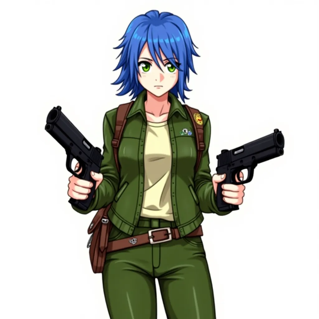The image is a digital illustration of a young woman with blue hair and green eyes. She is wearing a green jacket, green pants, and a brown belt with patches on it. She has a backpack on her back and is holding two large guns in her hands. The woman has a serious expression on her face and is looking directly at the camera. The background is white.