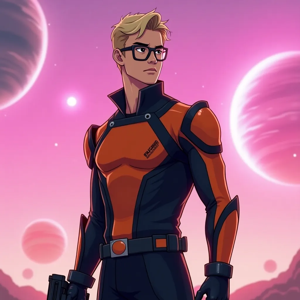 The image shows a young man standing in front of a pink and purple sky with planets in the background. He is wearing a futuristic-looking outfit with a black and orange color scheme. The outfit has a high collar, long sleeves, and a belt with a buckle. He has a pair of glasses on and is holding a gun in his right hand. The man has short blonde hair and is looking off to the side with a serious expression on his face. The overall mood of the image is futuristic and futuristic.