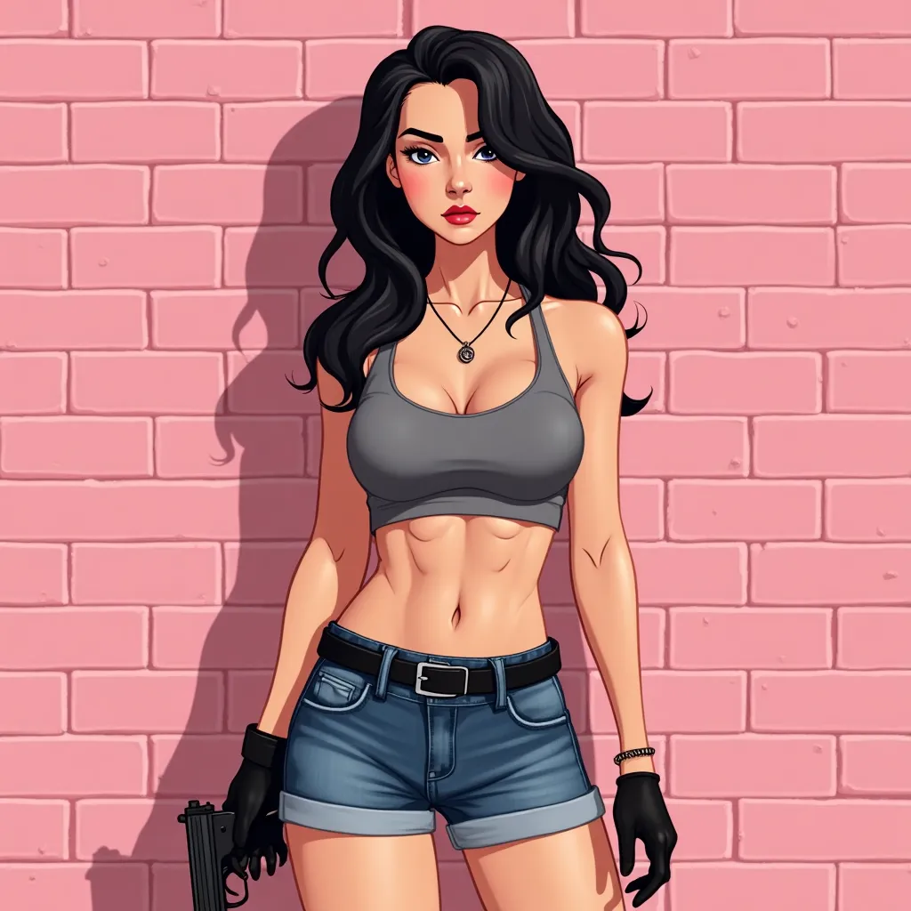 The image is a digital illustration of a young woman standing in front of a pink brick wall. She is wearing a gray sports bra and denim shorts with a black belt around her waist. She has long dark hair styled in loose waves and is wearing black gloves and a necklace. The woman is holding a gun in her right hand and has a determined expression on her face. The background is a solid pink color.
