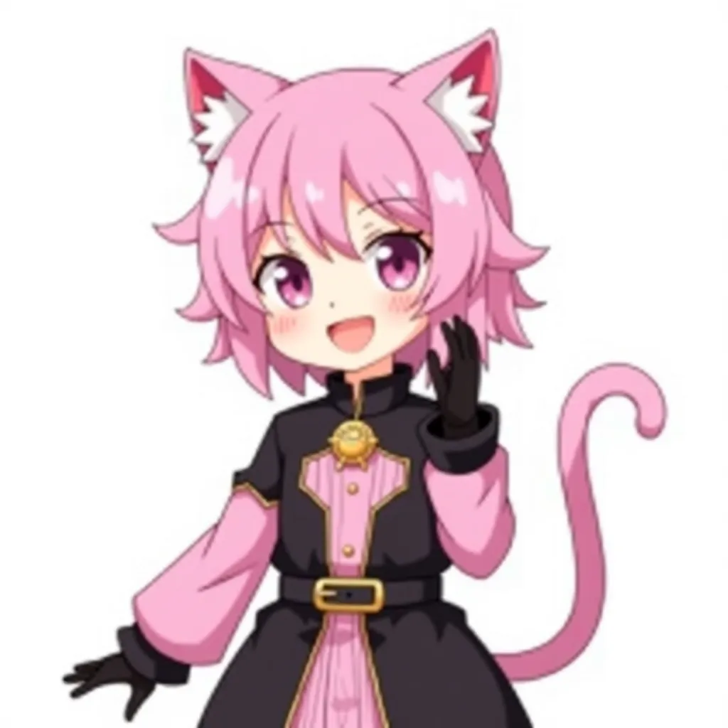 The image is a digital illustration of a young girl with pink hair and cat ears on her head. She is wearing a black and pink outfit with a black belt and gloves. The outfit has a high collar and long sleeves, and she is also wearing a pair of black gloves on her hands. The girl has a big smile on her face and is holding a pink cat tail in her right hand. She appears to be posing for the camera. The background is white, making the girl and her outfit stand out.