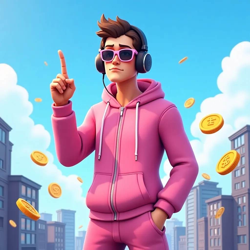 The image is a digital illustration of a young man wearing a pink outfit with a hoodie, sunglasses, and headphones. He is standing in front of a cityscape with buildings and coins flying around him. The man is pointing upwards with his right hand and has a serious expression on his face. The background is a bright blue sky with clouds. The image appears to be from the popular video game Fortnite.