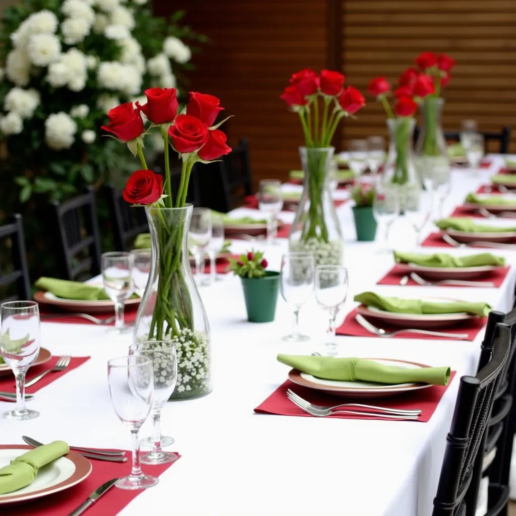 The image shows a long table set up for a formal event. The table is covered with a white tablecloth and is set with white plates, silverware, and red napkins. The plates are arranged in a neat and orderly manner, with the green napkins neatly folded over the white plates. In the center of the table, there is a tall vase filled with red roses. The vase is decorated with small white flowers and greenery. The chairs around the table are black and white, and there are white flowers in the background. The overall color scheme of the setting is red, green, and white.