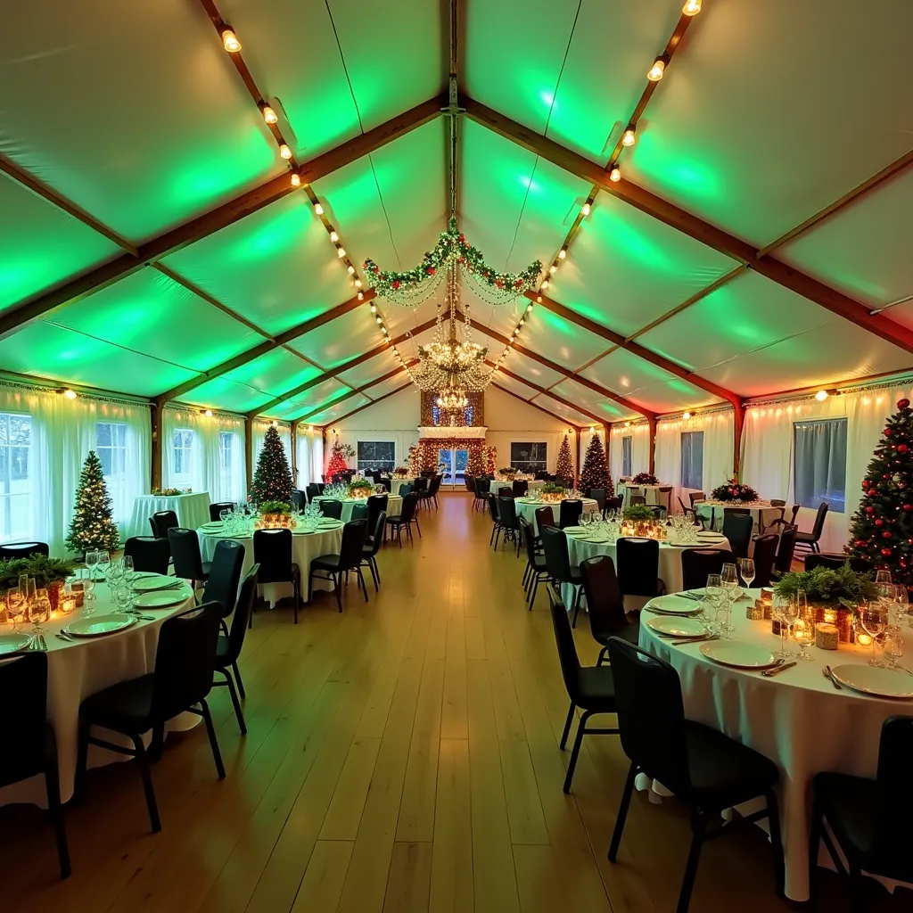 The image shows a large tent with a high ceiling and green lights. The tent is decorated with Christmas trees and other festive decorations. The tables are set up with round tables and chairs, and there are plates, glasses, and cutlery on the tables. The floor is made of wood, and the walls are covered in white curtains. The overall atmosphere of the tent is elegant and cozy, perfect for a holiday party or event.