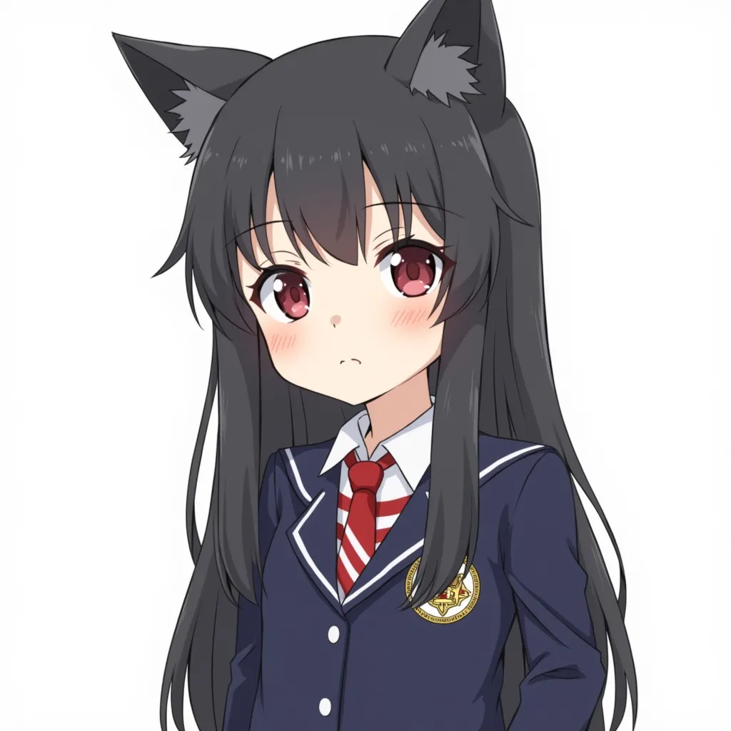 The image is an illustration of a young girl with long black hair and cat ears on her head. She is wearing a navy blue uniform with a red and white striped shirt underneath. The uniform has a badge on the left side of her chest and a red tie. She has a serious expression on her face and is looking directly at the camera. The background is white.